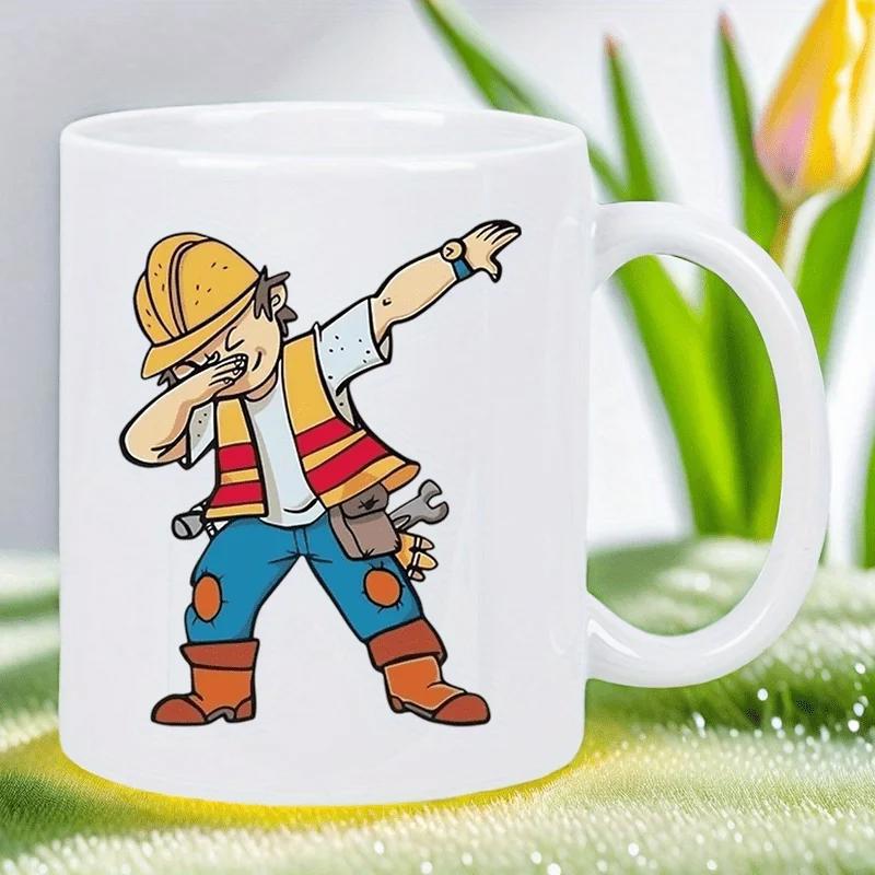 Tailorly White Ceramic 11 oz Mug - Cartoon Construction Character In Safety Gear Doing A Dab Dance Move Worker
