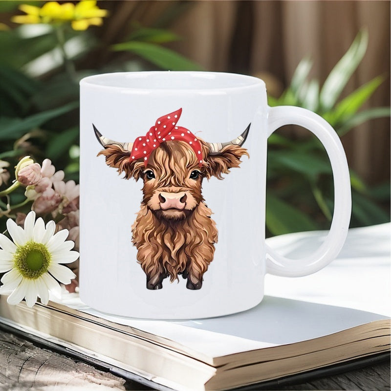 Tailorly White Ceramic 11 oz Mug - Adorable Shaggy Highland Cow Wearing A Red Polka Dot Bandana Headband Cow