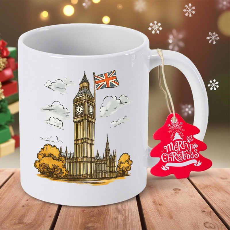 Tailorly White Ceramic 11 oz Mug - Merry Christmas Classic London Landmark With British Flag Among Clouds And Trees Big Ben