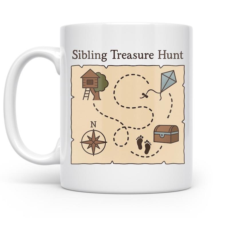 Tailorly White Ceramic 11 oz Mug - Sibling Treasure Hunt Hand Drawn Vintage Style Adventurous Discovery Icons Featuring Footprints And Kite Map