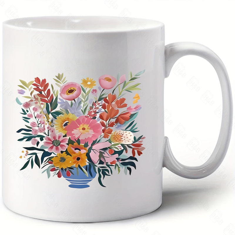 Tailorly White Ceramic 11 oz Mug - Artistic Colorful Blooming Flowers Inside A Small Blue Porcelain Vase Bouquet