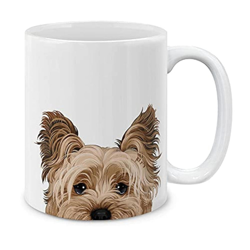 Tailorly White Ceramic 11 oz Mug - Adorable Peeking Hand Painted Portrait Of A Fluffy Brown Yorkshire Terrier Dog