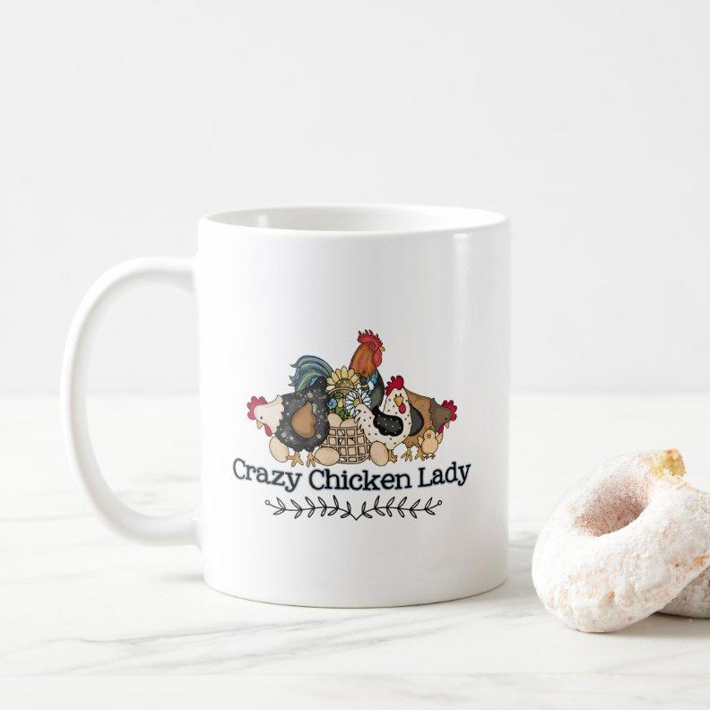 Tailorly White Ceramic 11 oz Mug - Crazy Chicken Lady Hand Drawn Diverse Farm Poultry Group With Rustic Floral Decorative Branch Chicken