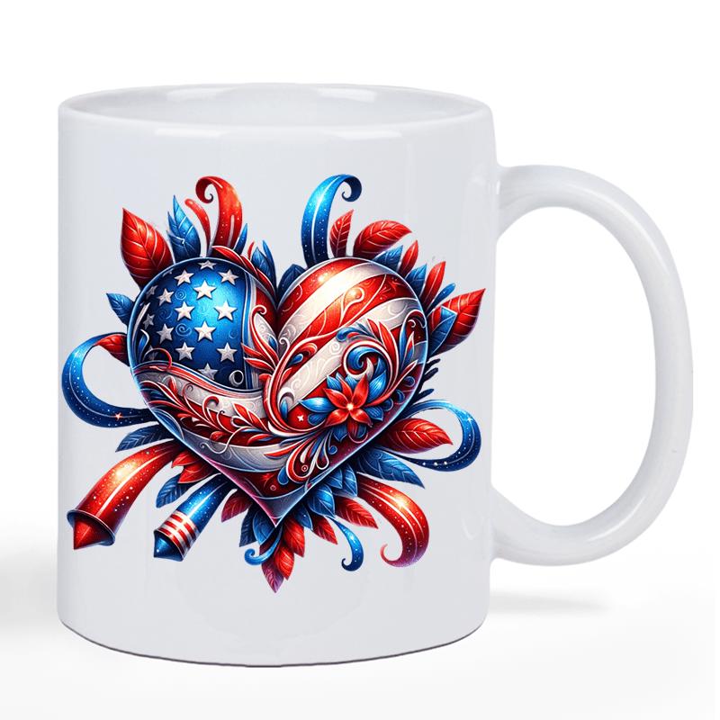 Tailorly White Ceramic 11 oz Mug - Patriotic American Flag Elements Inside Decorative Ribbons And Festive Firework Tubes Heart