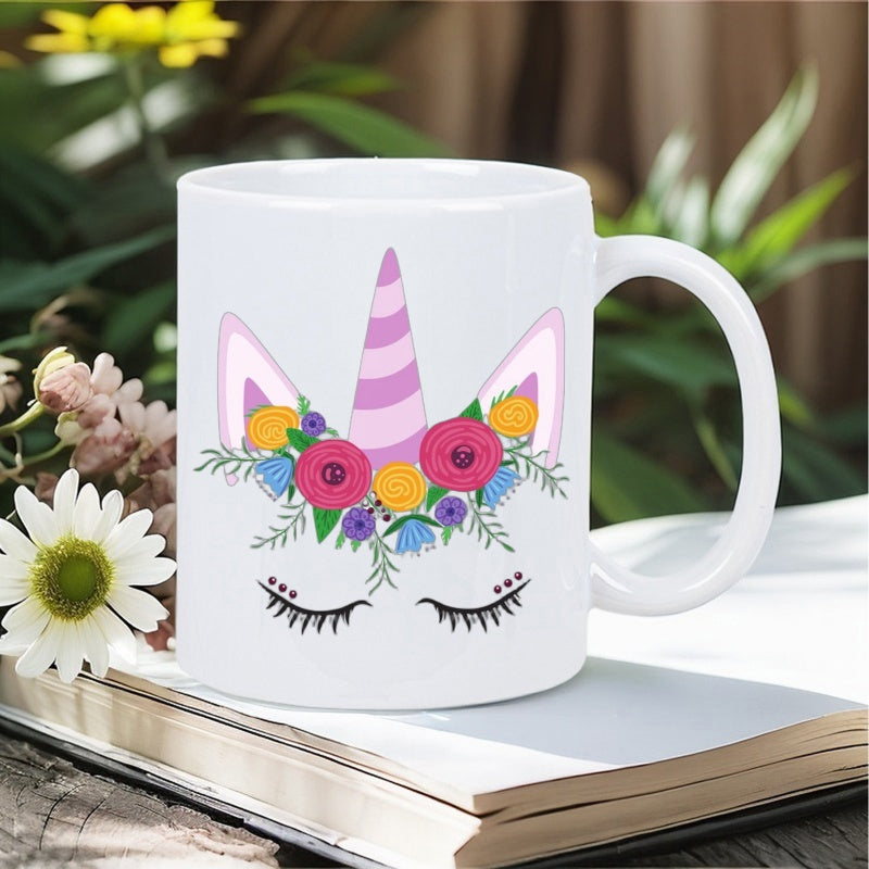 Tailorly White Ceramic 11 oz Mug - Elegant Floral Crown Resting On A Magical Striped Horned Unicorn