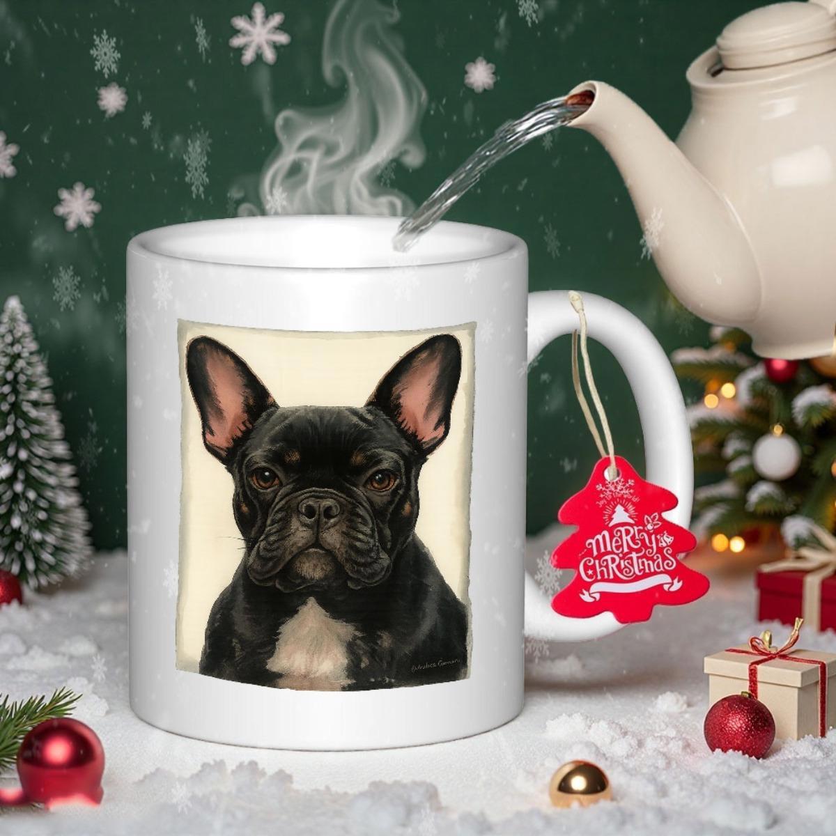 Tailorly White Ceramic 11 oz Mug - Merry Christmas Majestic Black Portrait Sitting Calmly Within A Festive Scene Frenchie