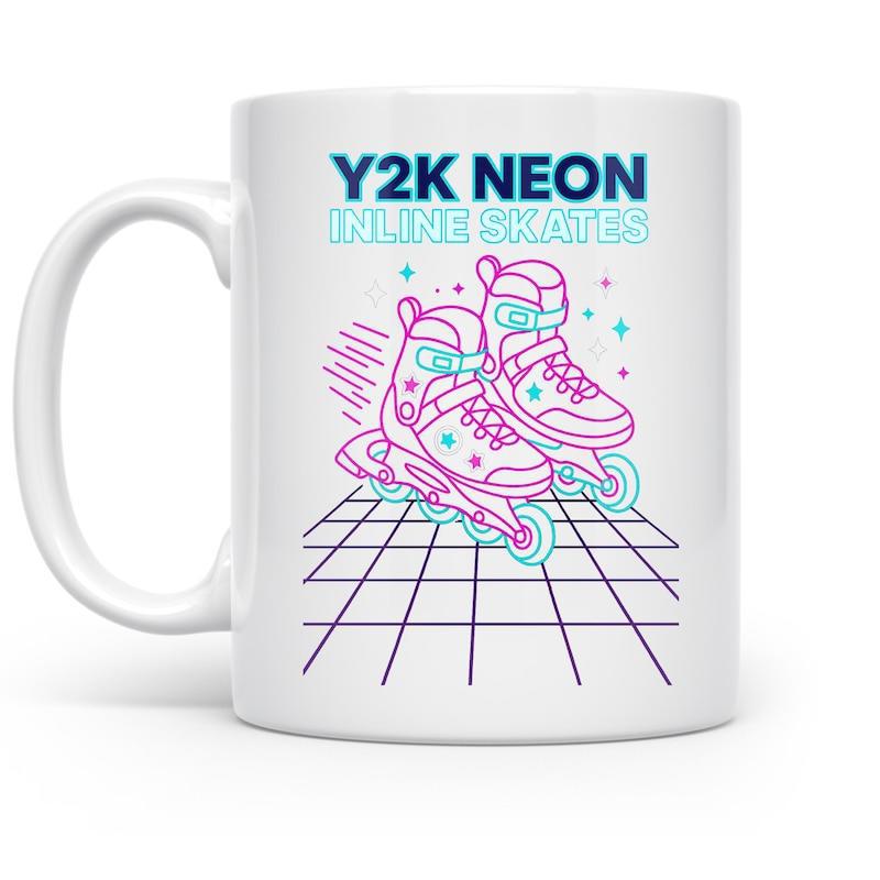 Tailorly White Ceramic 11 oz Mug - Y2K Neon Inline Skates Vibrant Retro Neon Style Glowing Among Cyan And Pink Grid Lines Skates