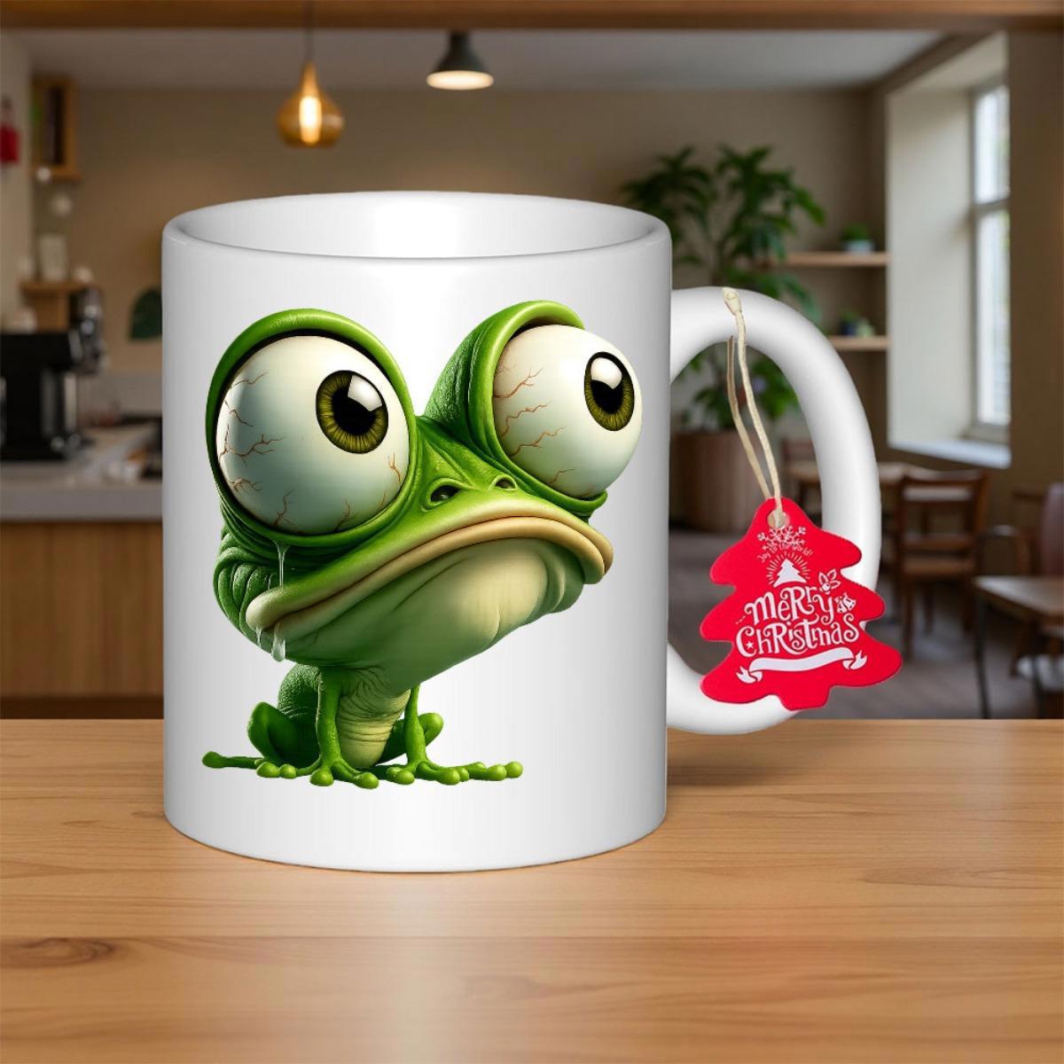 Tailorly White Ceramic 11 oz Mug - Merry Christmas Adorable Green Cartoon Creature With Large Expressive Eyes Sitting Frog