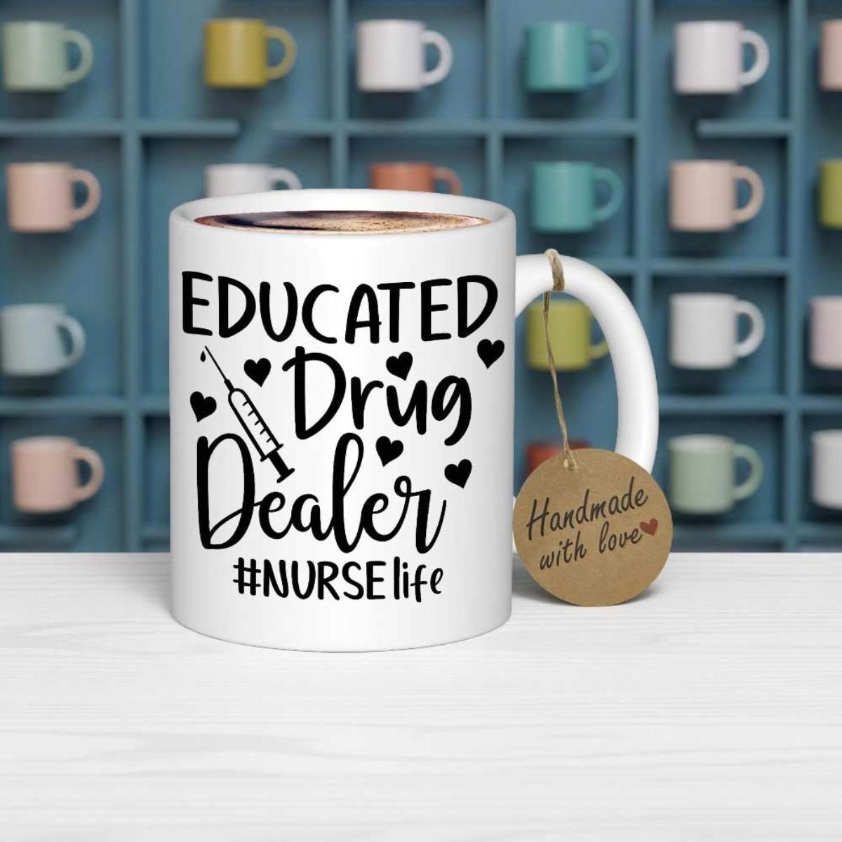 Tailorly White Ceramic 11 oz Mug - Educated Drug Dealer Nurse Life Minimalist Medical Theme With Small Hearts And Medical Syringe Mug