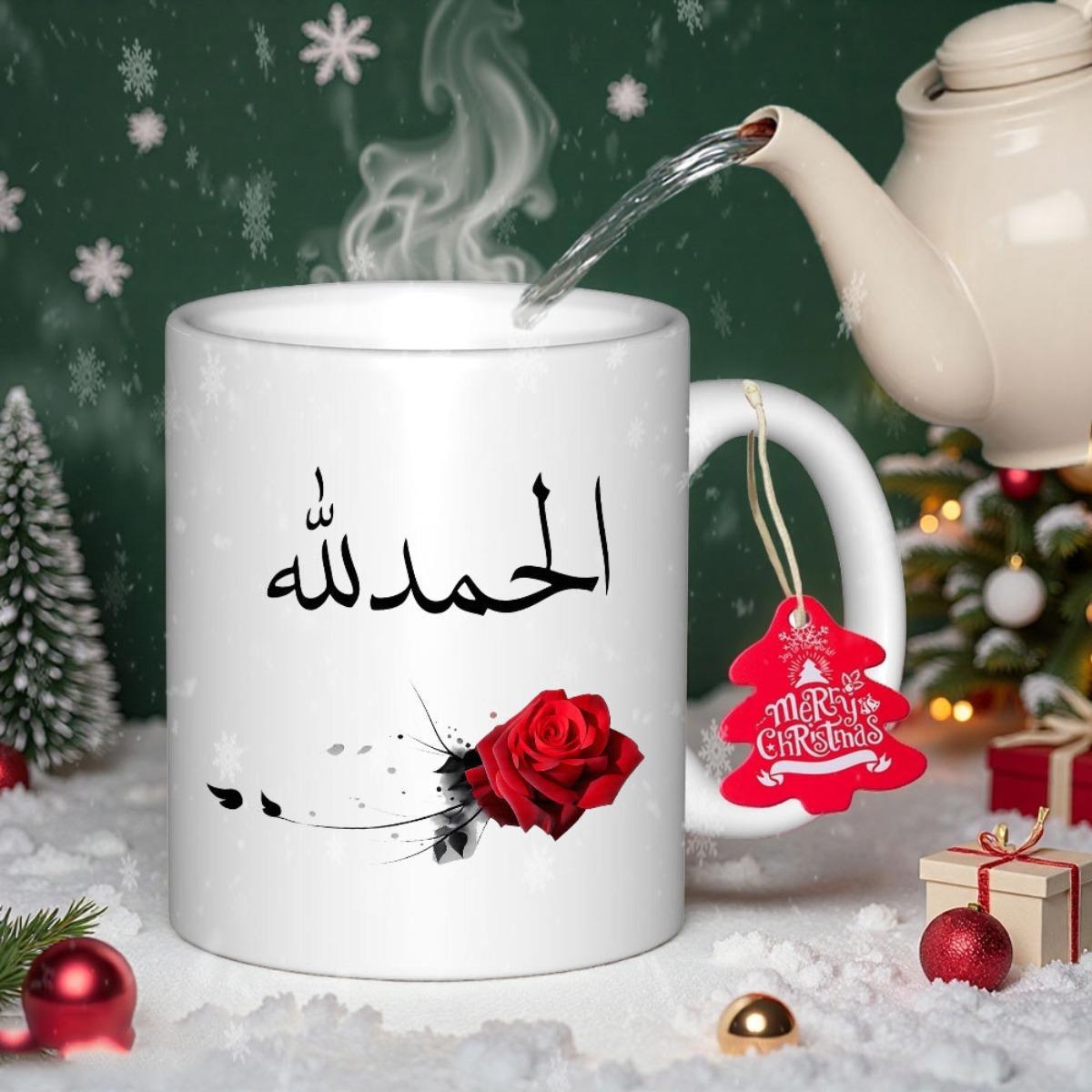 Tailorly White Ceramic 11 oz Mug - Merry Christmas Elegant Single Red Rose With Artistic Black Ink Splatter Rose