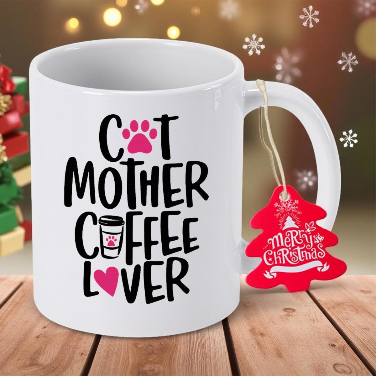 Tailorly White Ceramic 11 oz Mug - Cat Mother Coffee Lover Handwritten Decorative Typography Featuring Pink Heart And Small Coffee Cup Mug