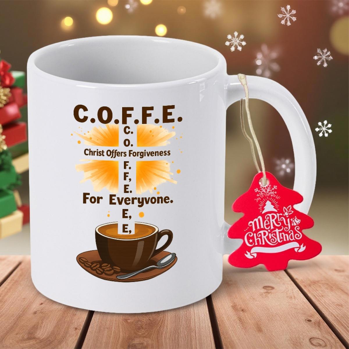Tailorly White Ceramic 11 oz Mug - Coffee Christ Offers Forgiveness For Everyone Radiant Cross Symbol With Steaming Cup Of Hot Morning Coffee