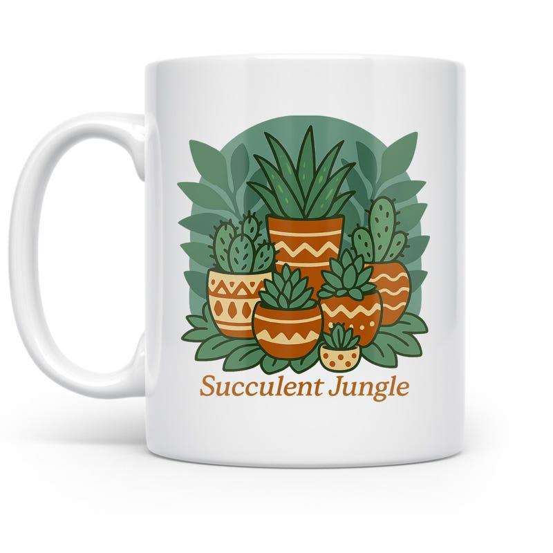 Tailorly White Ceramic 11 oz Mug - Succulent Jungle Lush Green Plants With Cacti Growing Inside Patterned Ceramic Pots Succulent