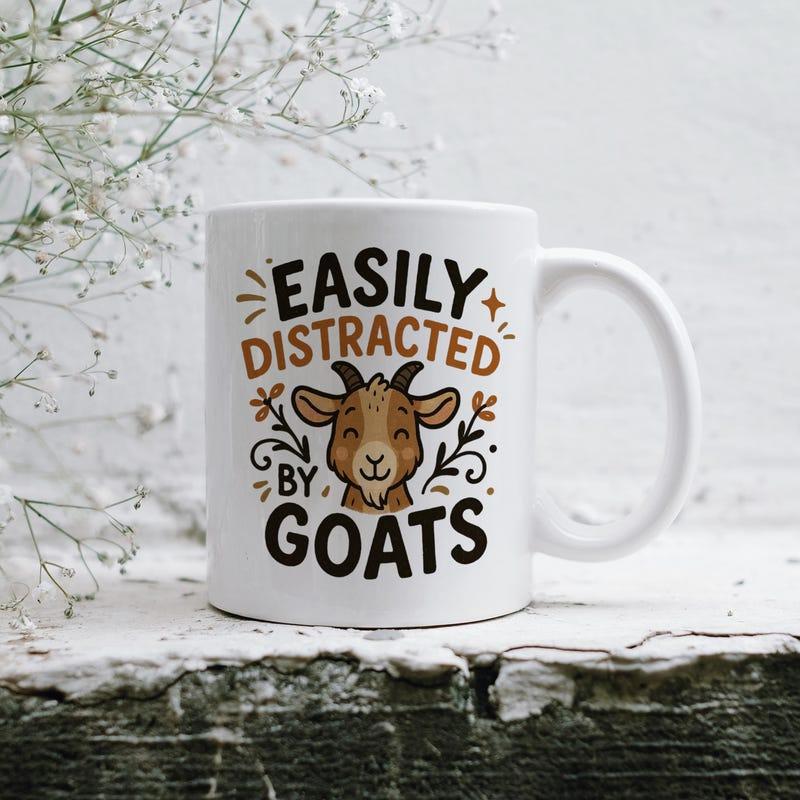 Tailorly White Ceramic 11 oz Mug - Easily Distracted By Goats Charming Stylized Farm Animal Head With Decorative Stars And Floral Accents Goat