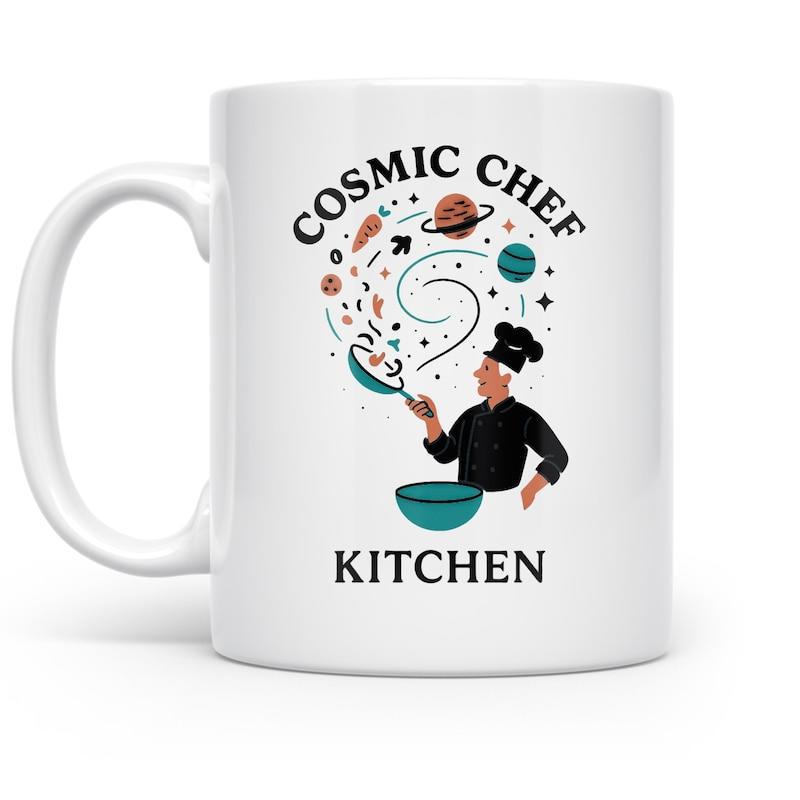 Tailorly White Ceramic 11 oz Mug - Cosmic Chef Kitchen Professional Chef Cooking Among Planets And Vegetables Under Swirling Galaxy Elements Chef