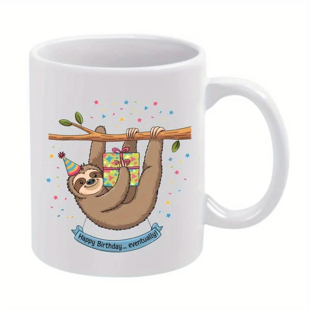 Tailorly White Ceramic 11 oz Mug - Happy Birthday Eventually Cute Birthday Animal Holding A Colorful Gift Box On A Tree Sloth