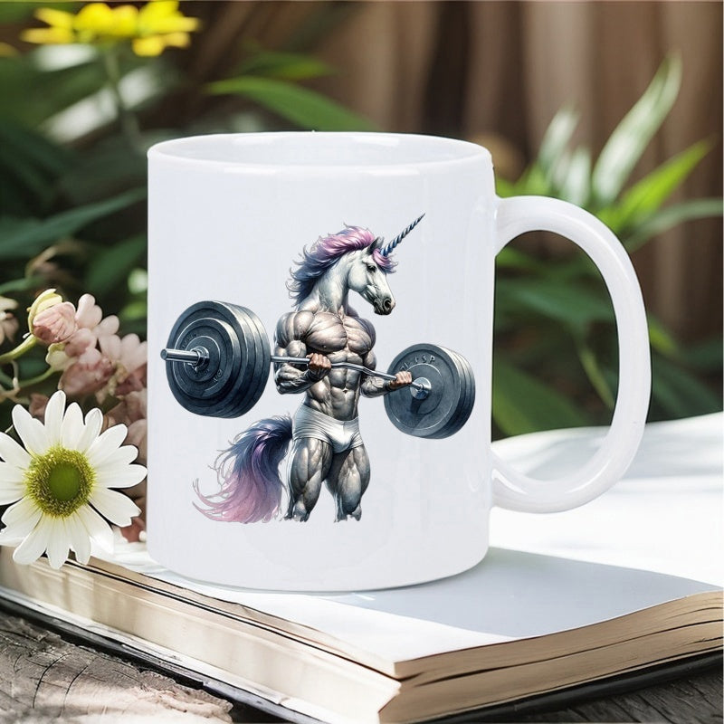 Tailorly White Ceramic 11 oz Mug - Muscular Mythical Creature Lifting Heavy Metal Barbell Plates At The Gym Unicorn