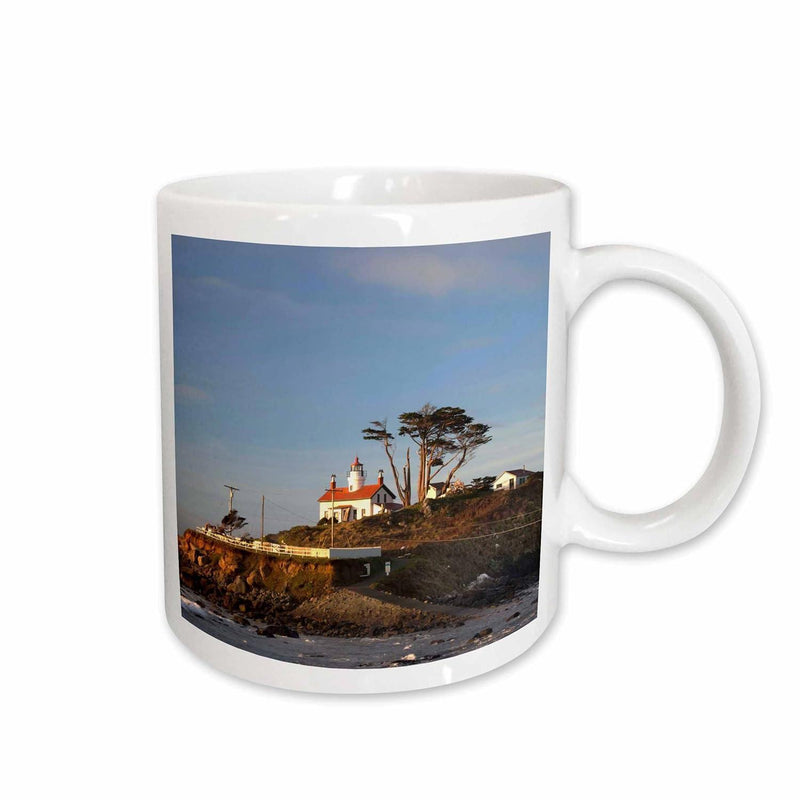Tailorly White Ceramic 11 oz Mug - Scenic Coastal View Of Rocky Shore With Trees And Distant White Lighthouse