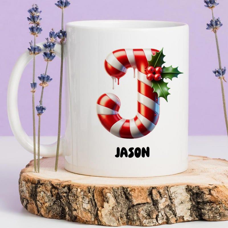 Tailorly White Ceramic 11 oz Mug - Jason Festive Red And White Striped Pattern With Holly Leaves And Berries Candy Cane