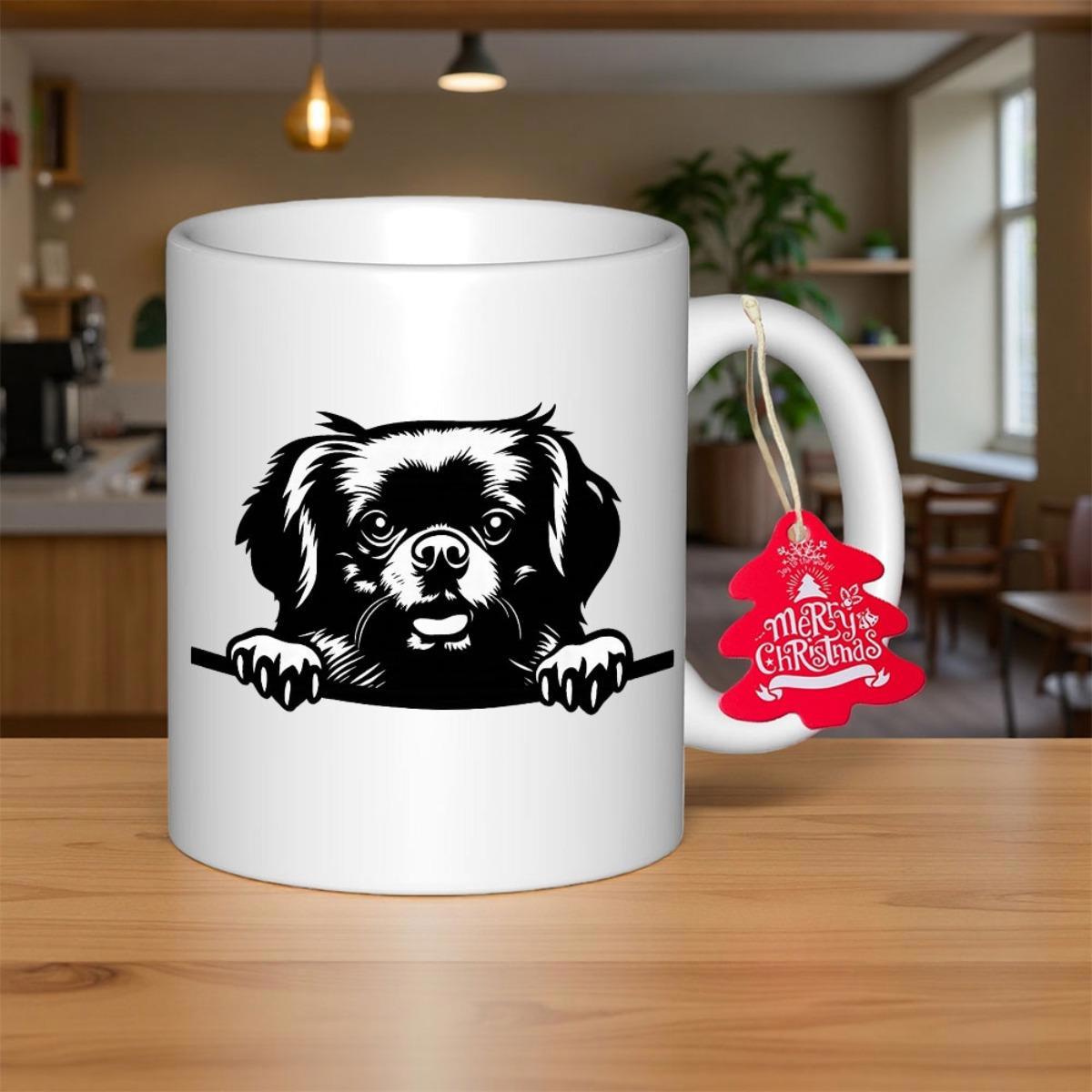 Tailorly White Ceramic 11 oz Mug - Merry Christmas Cute Small Dog Peeking Over A Solid Black Horizontal Line Dog