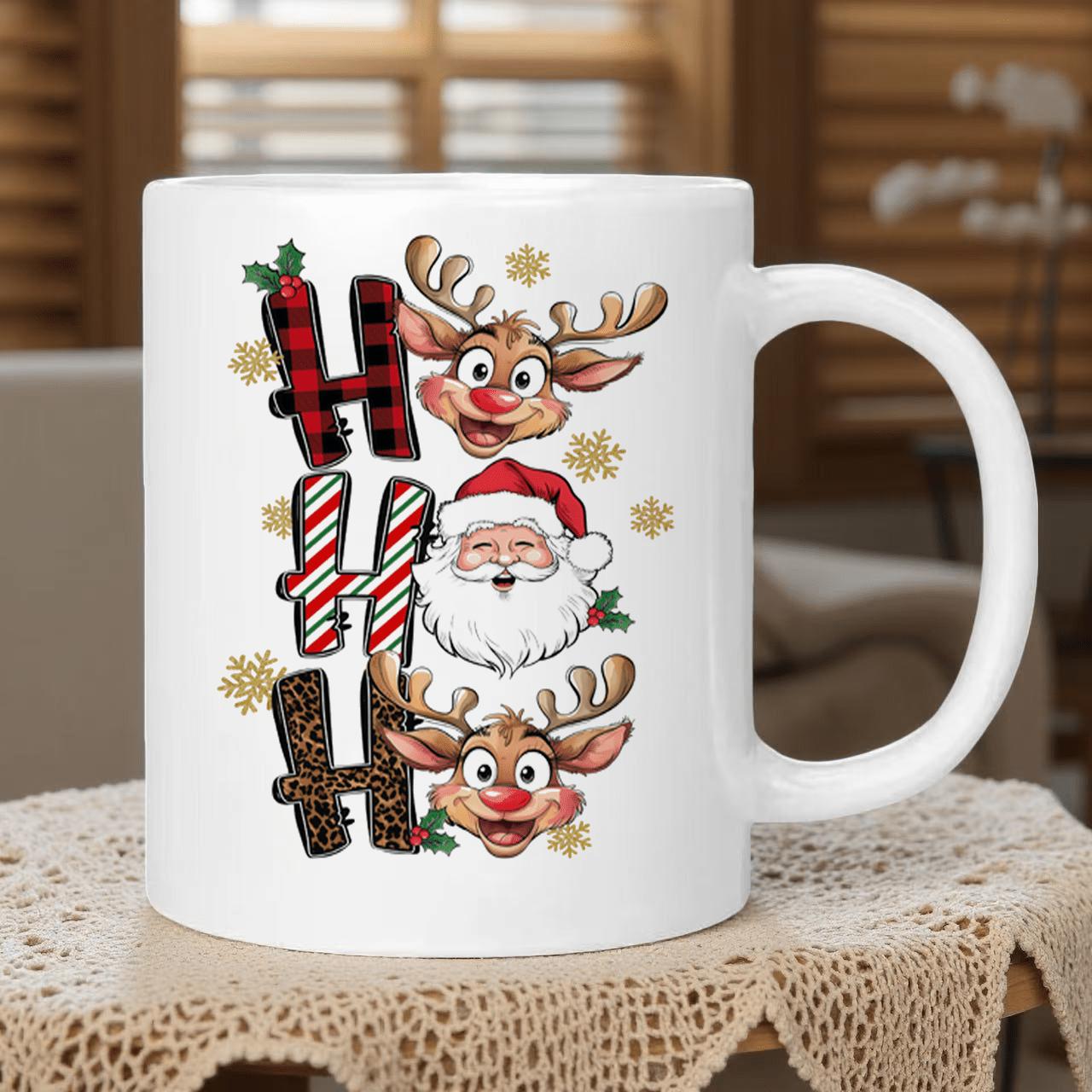 Tailorly White Ceramic 11 oz Mug - Ho Ho Ho Festive Cartoon Santa And Reindeer Heads With Decorative Patterns Reindeer