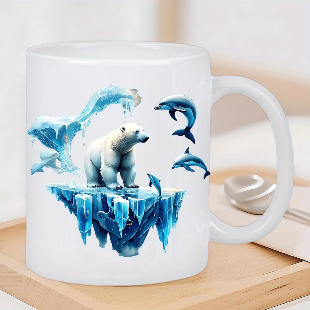 Tailorly White Ceramic 11 oz Mug - Majestic White Animal Standing Atop Floating Blue Iceberg With Leaping Dolphins Polar Bear