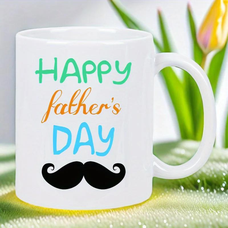 Tailorly White Ceramic 11 oz Mug - Happy Father's Day Curled Black Classic Facial Hair Style For Men Special Occasions Mustache
