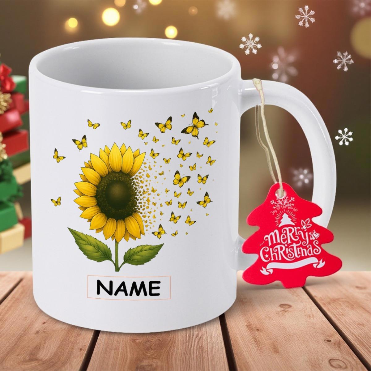 Tailorly White Ceramic 11 oz Mug - Merry Christmas Vibrant Yellow Petals Dissolving Into Delicate Flying Butterflies Among Green Leaves Sunflower