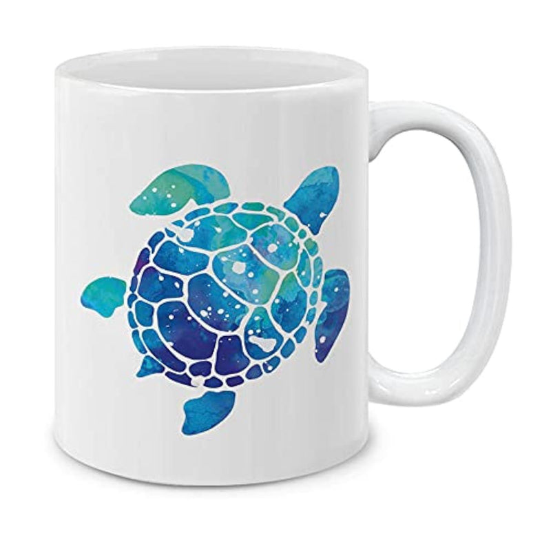 Tailorly White Ceramic 11 oz Mug - Vibrant Watercolor Artistic Sea Life Swimming In Deep Blue Ocean Sea Turtle