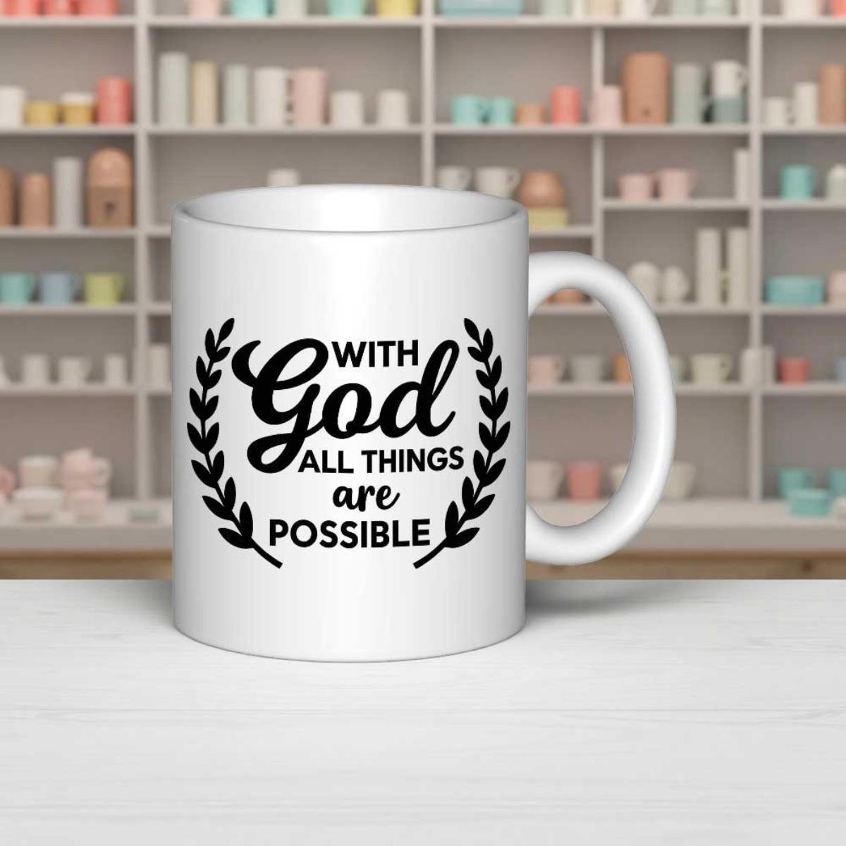 Tailorly White Ceramic 11 oz Mug - With God All Things Are Possible Symmetrical Laurel Wreaths Framing Religious Script With Minimalist Black Flourish Mug