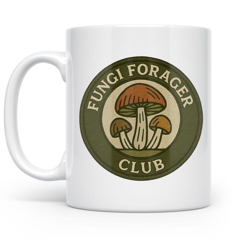 Tailorly White Ceramic 11 oz Mug - Fungi Forager Club Vintage Circular Badge With Earthy Tones Foraging Nature Wild Mushroom
