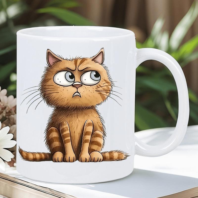 Tailorly White Ceramic 11 oz Mug - Grumpy Fluffy Orange Tabby Sitting With Wide Suspicious Eyes Cat