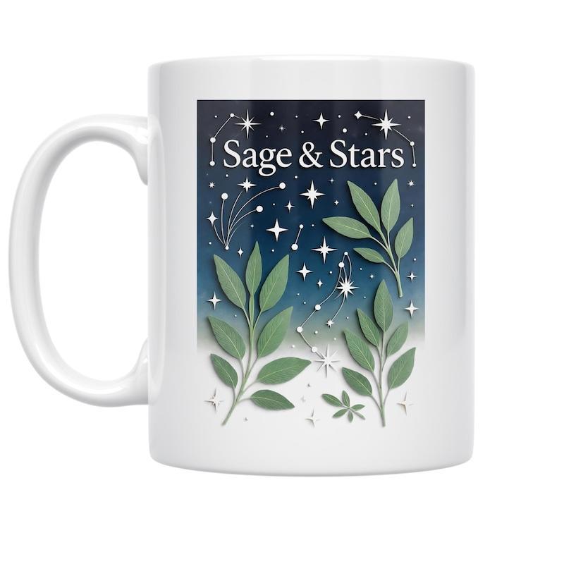 Tailorly White Ceramic 11 oz Mug - Sage Stars Botanical Greenery Glowing Under A Shimmering Night Sky Full Of Twinkling Leaves