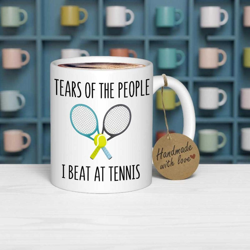 Tailorly White Ceramic 11 oz Mug - Tears Of The People I Beat At Tennis Two Crossed Rackets With Yellow Ball In Center Mug