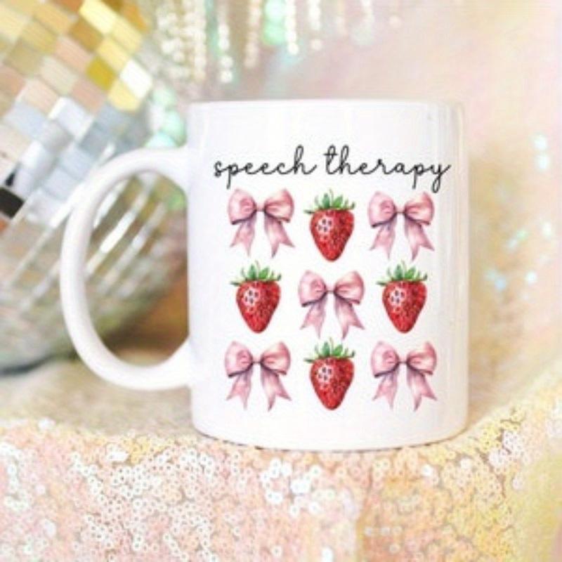 Tailorly White Ceramic 11 oz Mug - Speech Therapy Charming Pink Ribbons Among Sweet Red Ripe Watercolor Strawberry