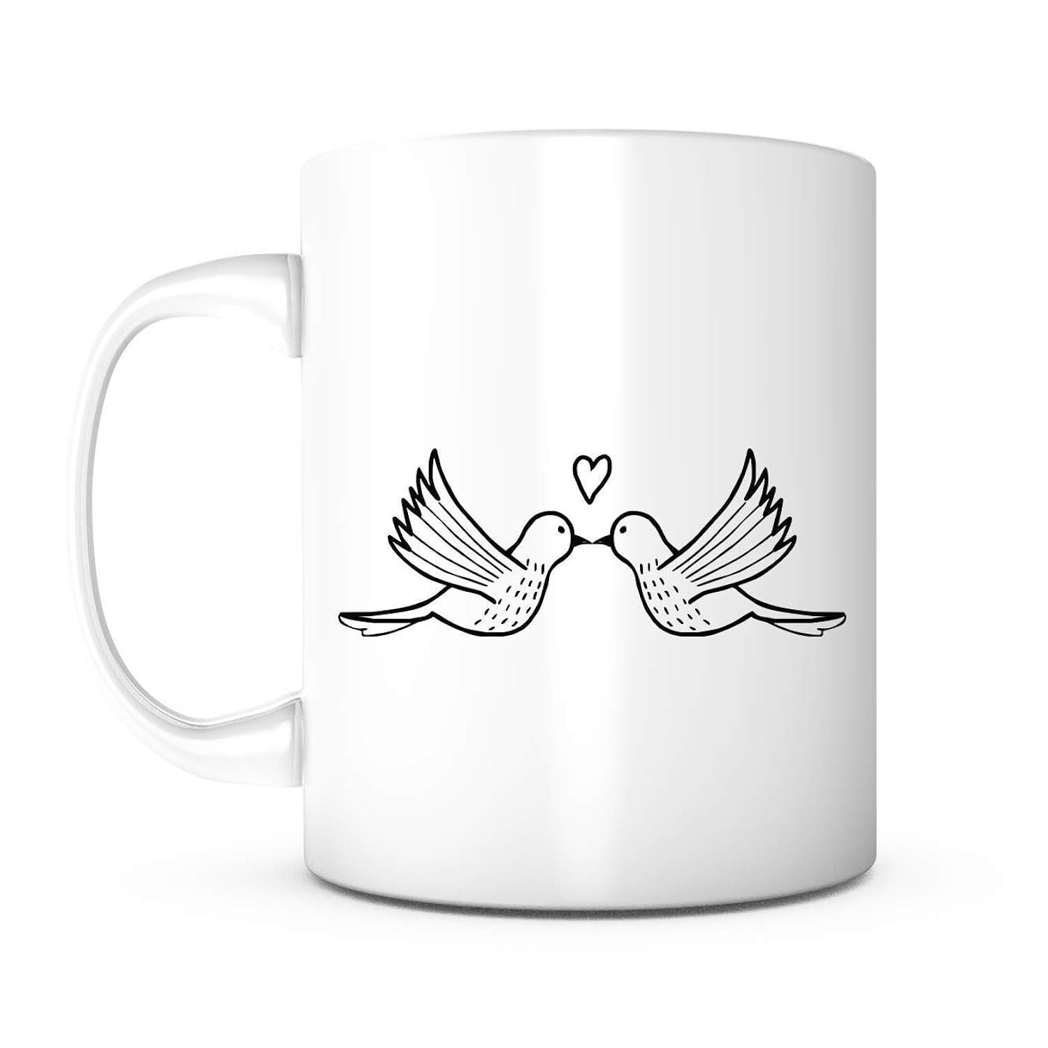 Tailorly White Ceramic 11 oz Mug - Minimalist Hand Drawn Line Art Of Two Kissing Flying Love Birds Bird