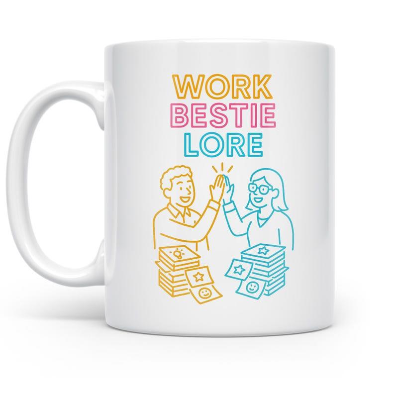 Tailorly White Ceramic 11 oz Mug - Work Bestie Lore Modern Colorful Line Art Office Colleagues Sharing Joyful Success High Five