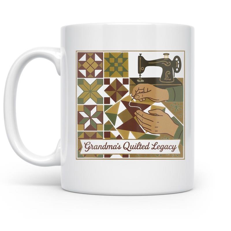 Tailorly White Ceramic 11 oz Mug - Grandmas Quilted Legacy Traditional Geometric Patchwork Blocks With Vintage Sewing Machine Quilt