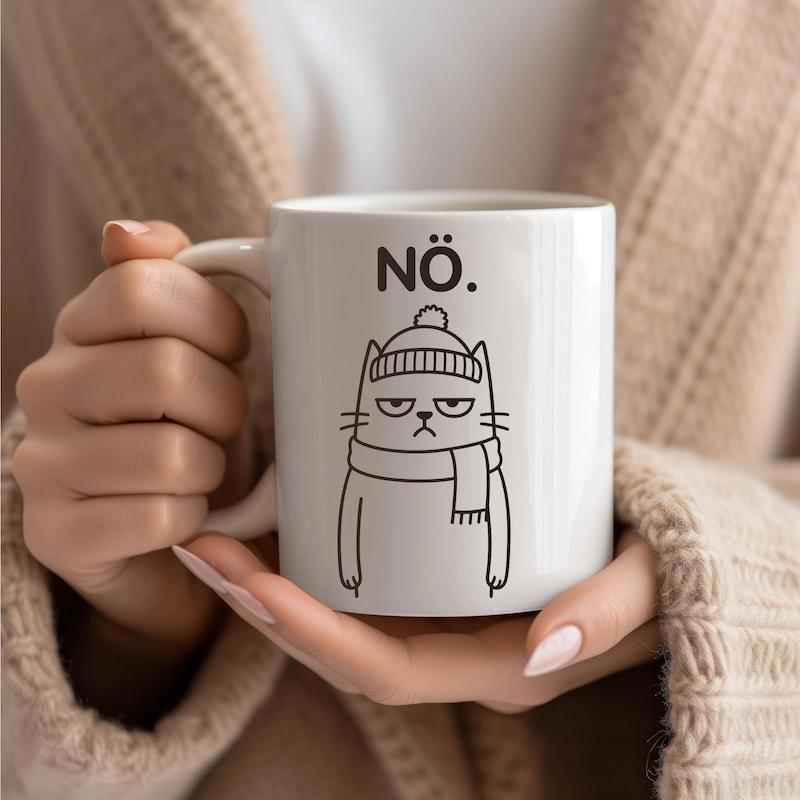 Tailorly White Ceramic 11 oz Mug - Simple Line Art Grumpy Feline Wearing A Beanie And Warm Scarf Cat