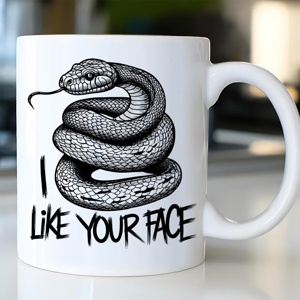 Tailorly White Ceramic 11 oz Mug - I Like Your Face Detailed Coiled Serpent With Flicking Tongue In Hand Drawn Ink Style Snake