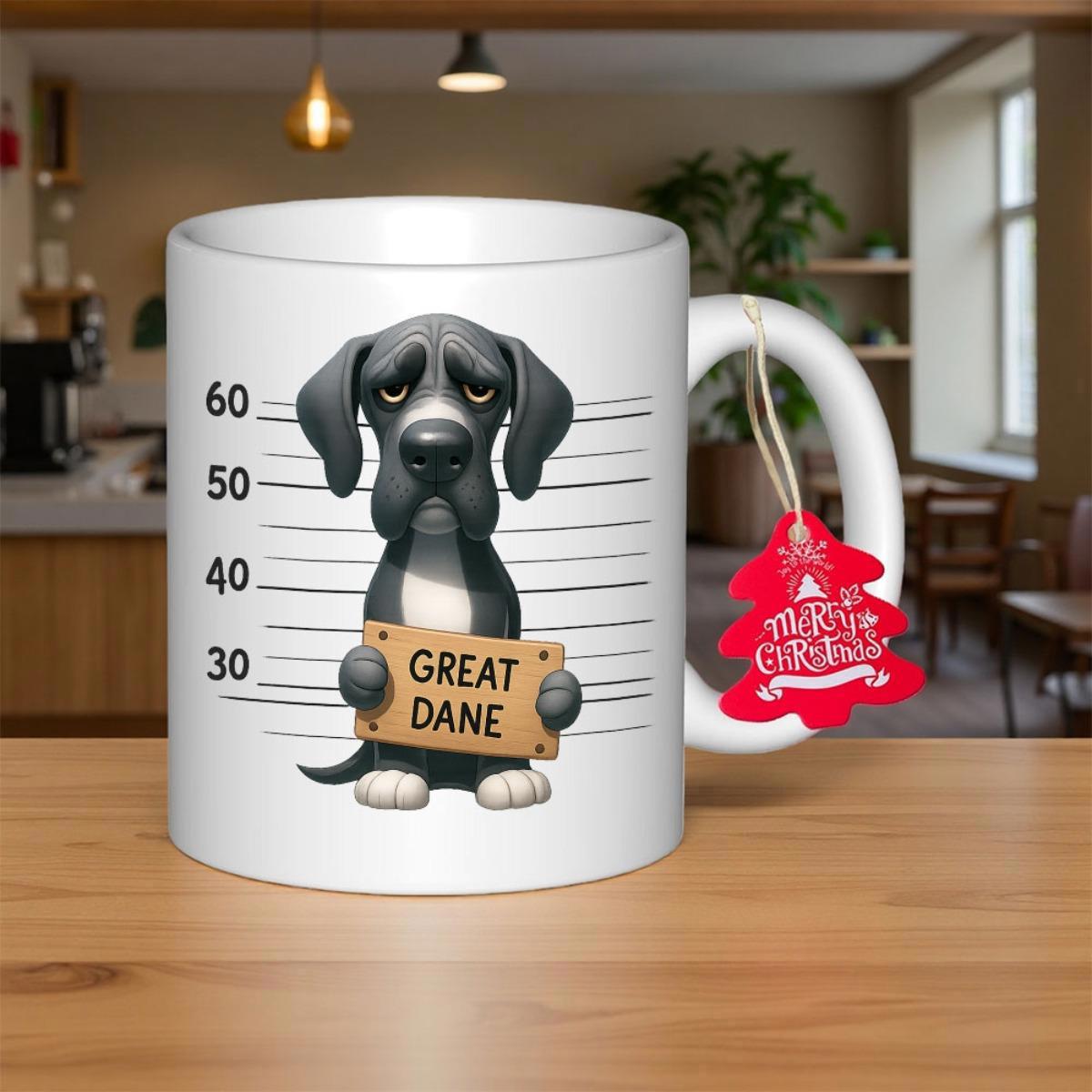 Tailorly White Ceramic 11 oz Mug - Great Dane Adorable Cartoon Standing Against Height Chart Background Holding Mugshot Sign Dog