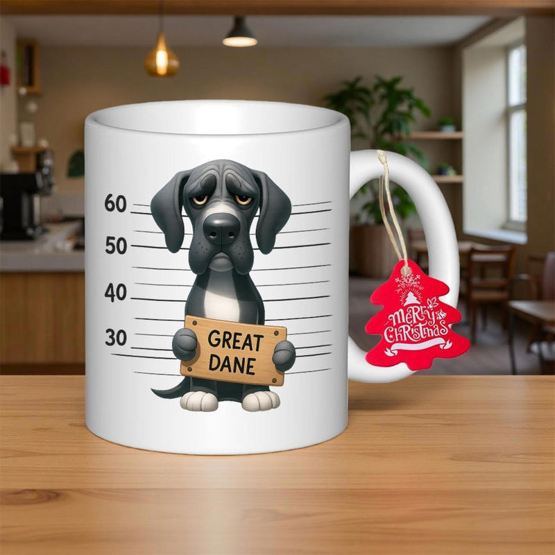 Tailorly White Ceramic 11 oz Mug - Great Dane Adorable Cartoon Standing Against Height Chart Background Holding Mugshot Sign Dog