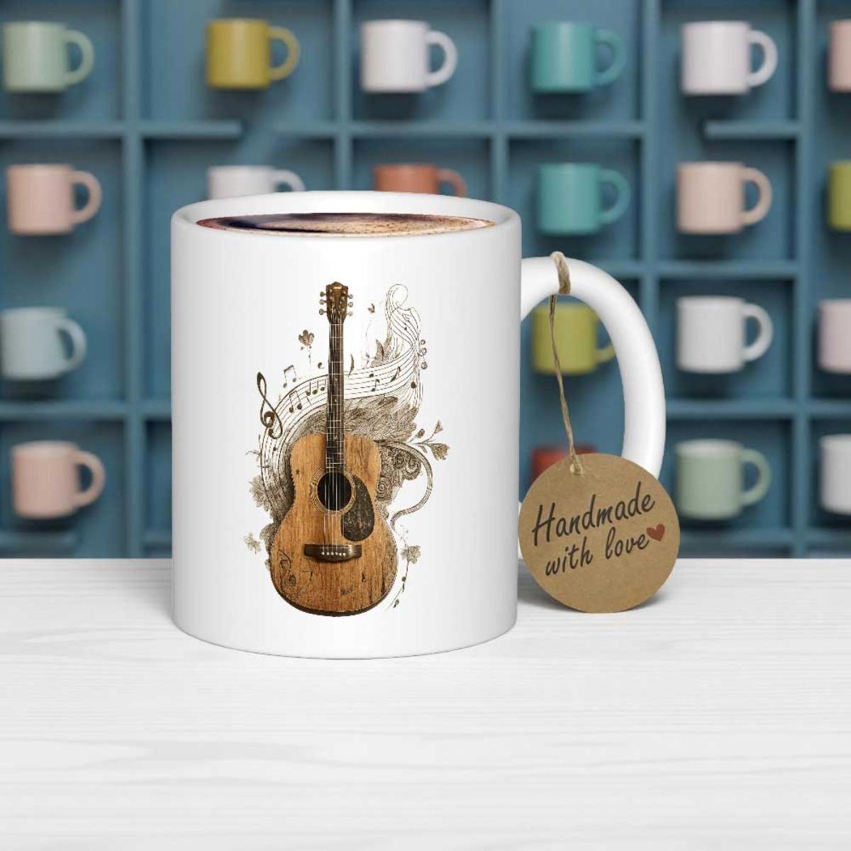 Tailorly White Ceramic 11 oz Mug - Artistic Watercolor Melodic Swirls With Floating Musical Notes Acoustic Guitar