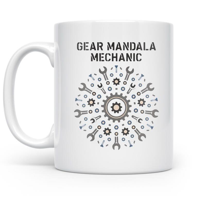 Tailorly White Ceramic 11 oz Mug - Gear Mandala Mechanic Symmetrical Mechanical Tools And Industrial Wrenches Arranged In A Decorative Mandala