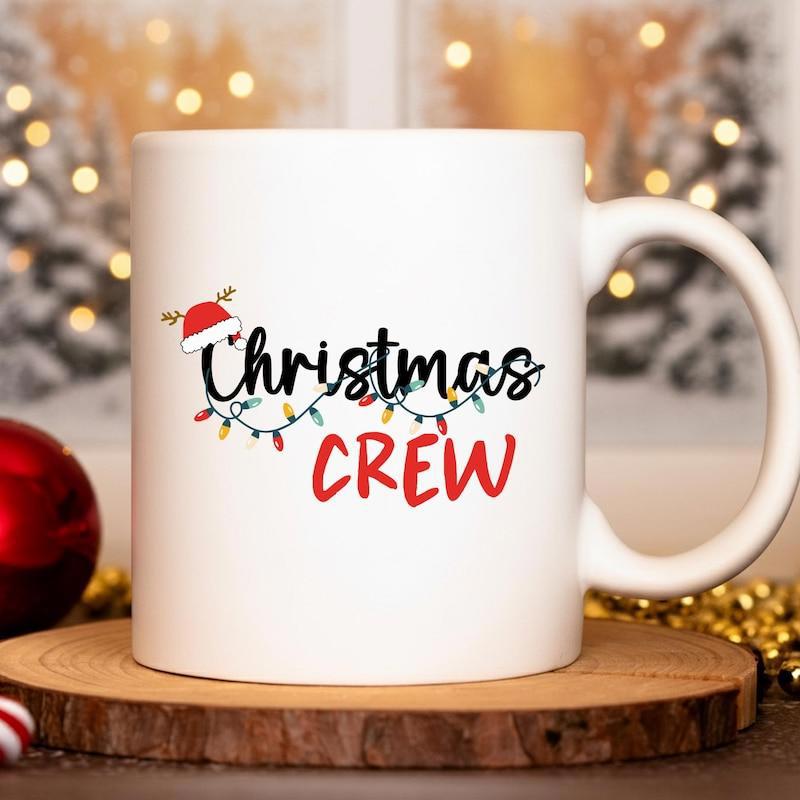 Tailorly White Ceramic 11 oz Mug - Christmas Crew Festive String Lights And Santa Hat Decorating Holiday Lettering Mug