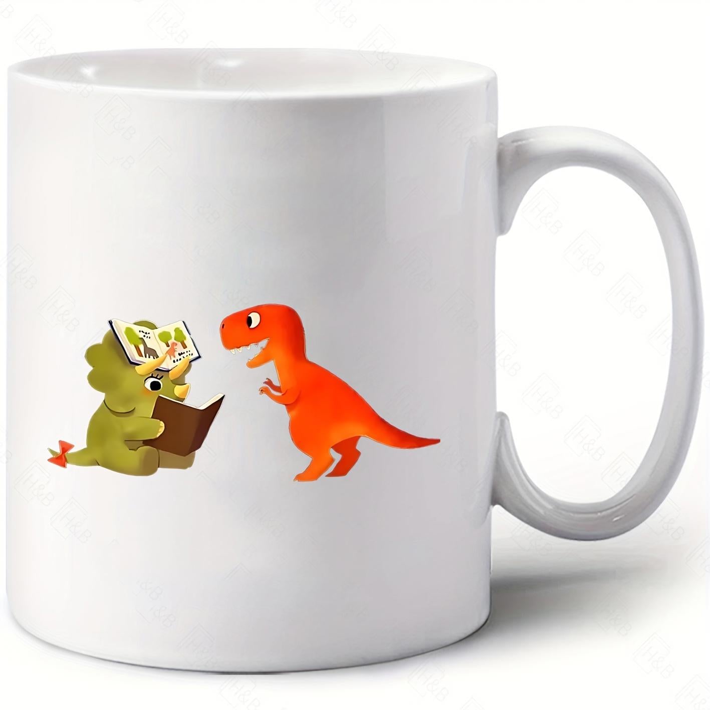 Tailorly White Ceramic 11 oz Mug - Cute Small Orange Tyrannosaurus Rex Reading With A Green Triceratops Dinosaur