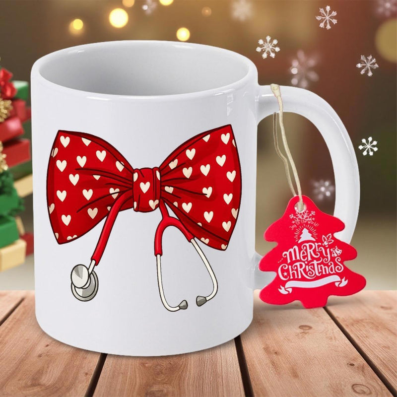 Tailorly White Ceramic 11 oz Mug - Merry Christmas Charming Red Patterned Ribbon Integrated With A Healthcare Stethoscope Bow