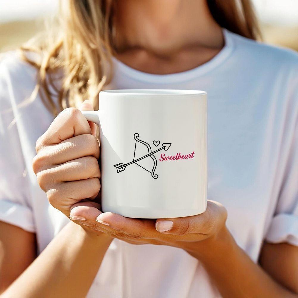 Tailorly White Ceramic 11 oz Mug - Sweetheart Minimalist Black Line Drawing Of Cupid Bow With Floating Tiny Hearts Arrow