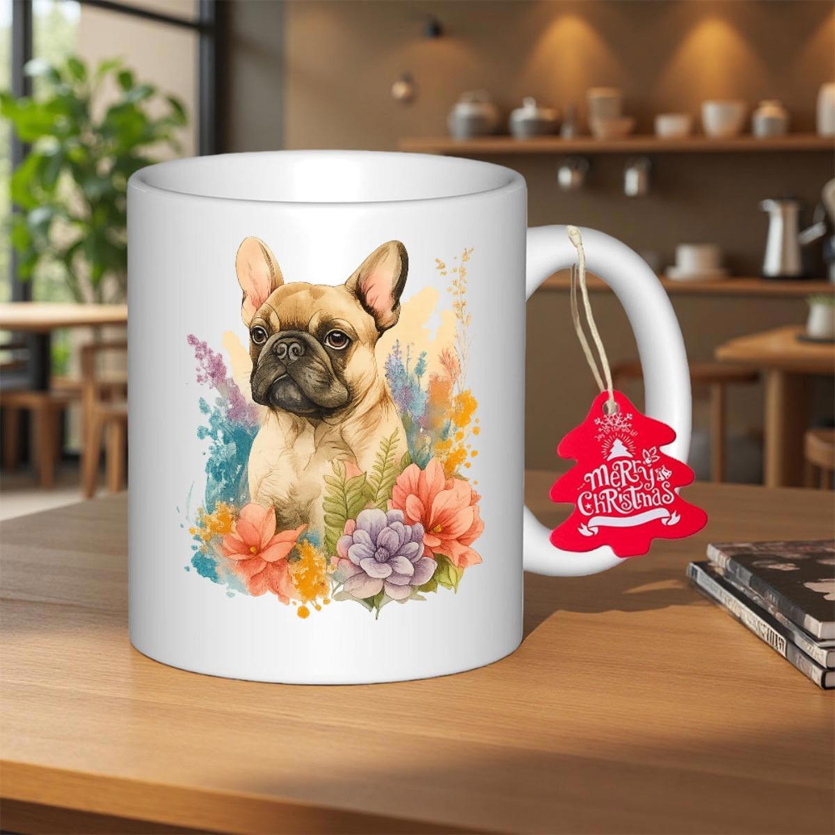 Tailorly White Ceramic 11 oz Mug - Merry Christmas Watercolor Painted Pet Portrait With Colorful Flowers And Soft Artistic Background Bulldog