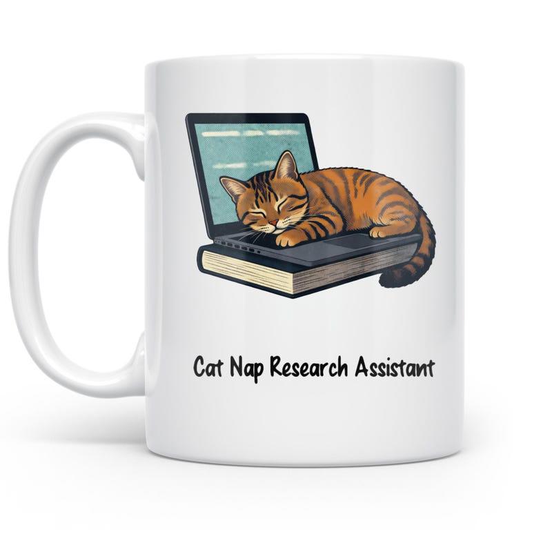 Tailorly White Ceramic 11 oz Mug - Cat Nap Research Assistant Peaceful Ginger Tabby Resting On Top Of A Modern Laptop Cat